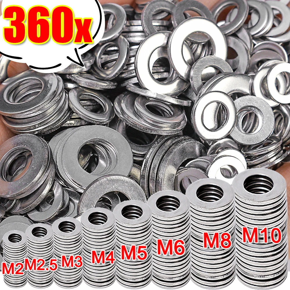 360Pcs Stainless Steel Flat Washer M2 M3 M4 M5 M6 M8 M10 Sealing Solid Plain Gaskets Metal Ring Set General Screw Assortment Kit