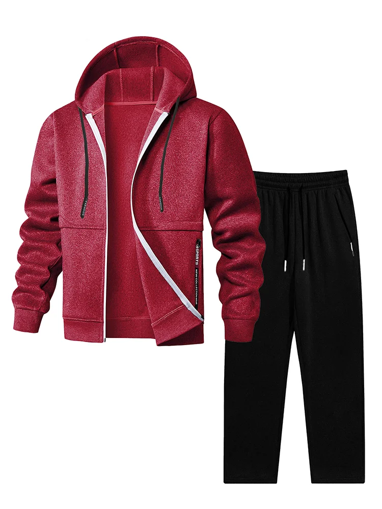 

Мужской красный — черный спортивный костюм с контрастным капюшоном: толстовка с капюшоном на молнии и эластичные спортивные штаны на талии для активного воздействия