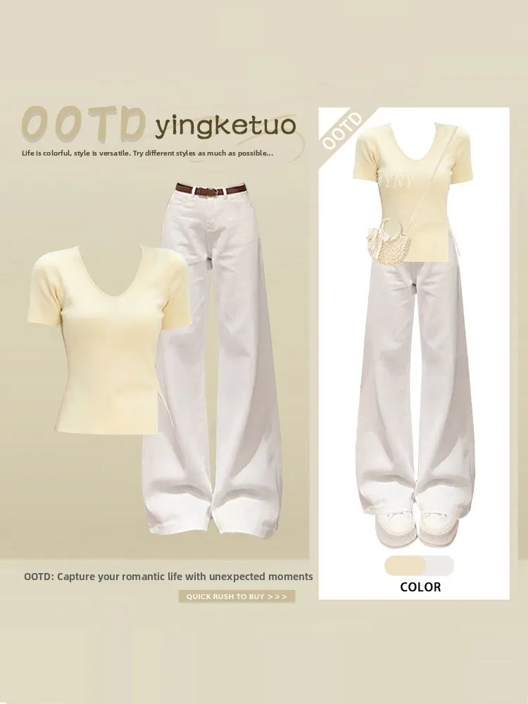 

Summer Fashion Commute Light Maturity V-neck Short Sleeve Top Wide Leg Pants Two-piece Set Women Summer No Leg Outfit...
