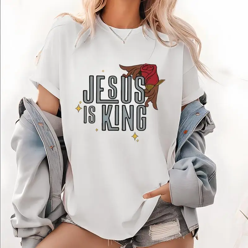 

Reverent T - Shirt Declaring "Jesus is King" with Symbolic Rose Motif for Devout Wearers
