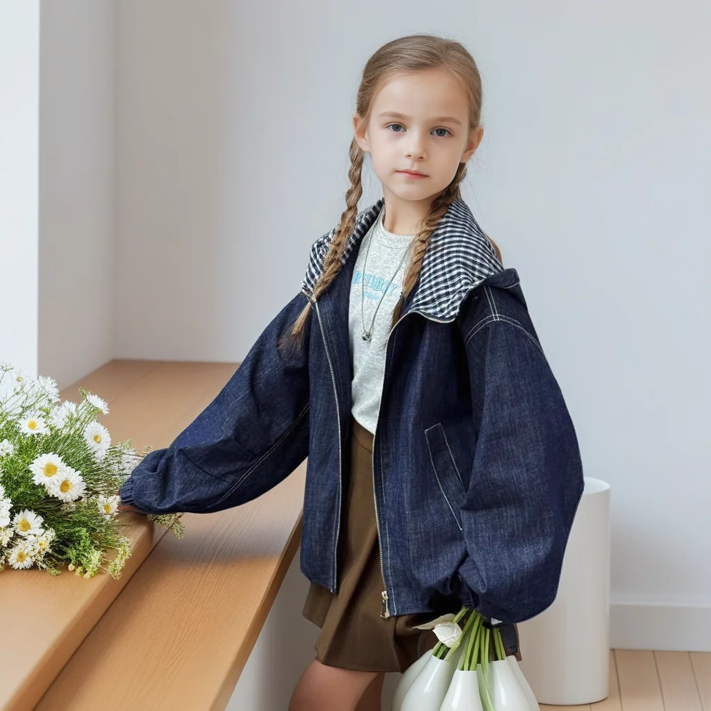 

School Girls Autumn Denim Jacket Plaid Hooded Loose Casual Versatile Top for Teens 4-14 Years Trendy Design Kids Blue Outerwear