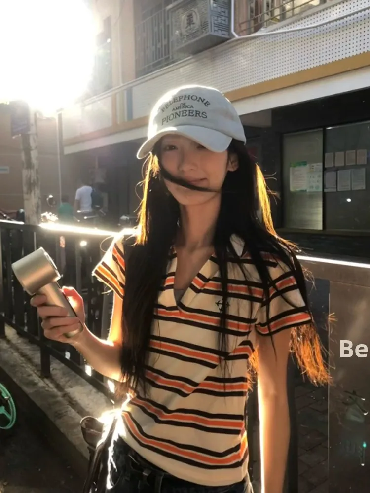 Koreaanse College Sle Ne Stripe ort Sve dames T-shirt slim fit vintage zomertop vocht creatief ontwerp