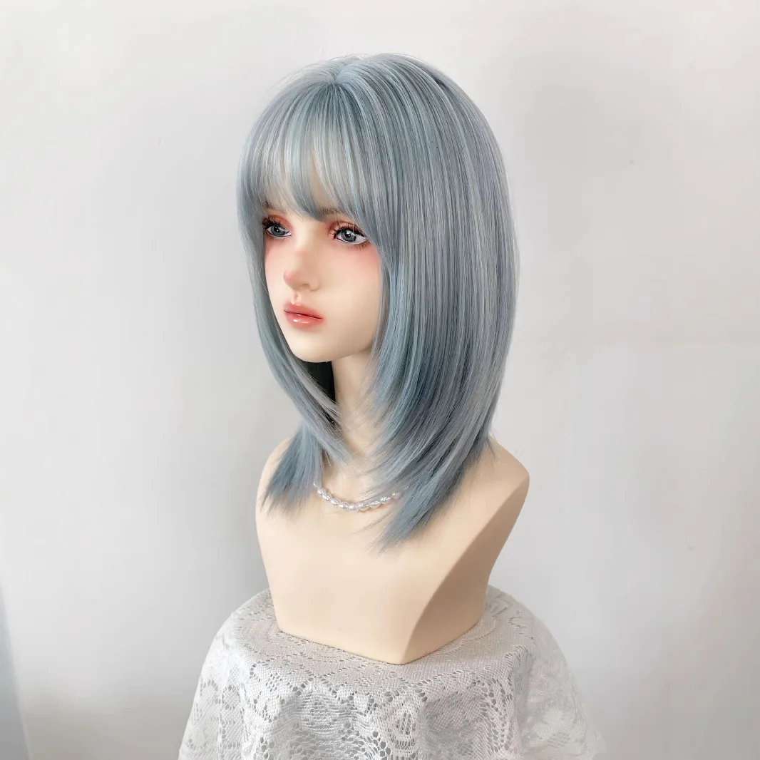 Summer Lightweight Blue Short Hair Full Head Wig Universal Cosplay Natural And Fashionable Lolita Bob Hairstyle