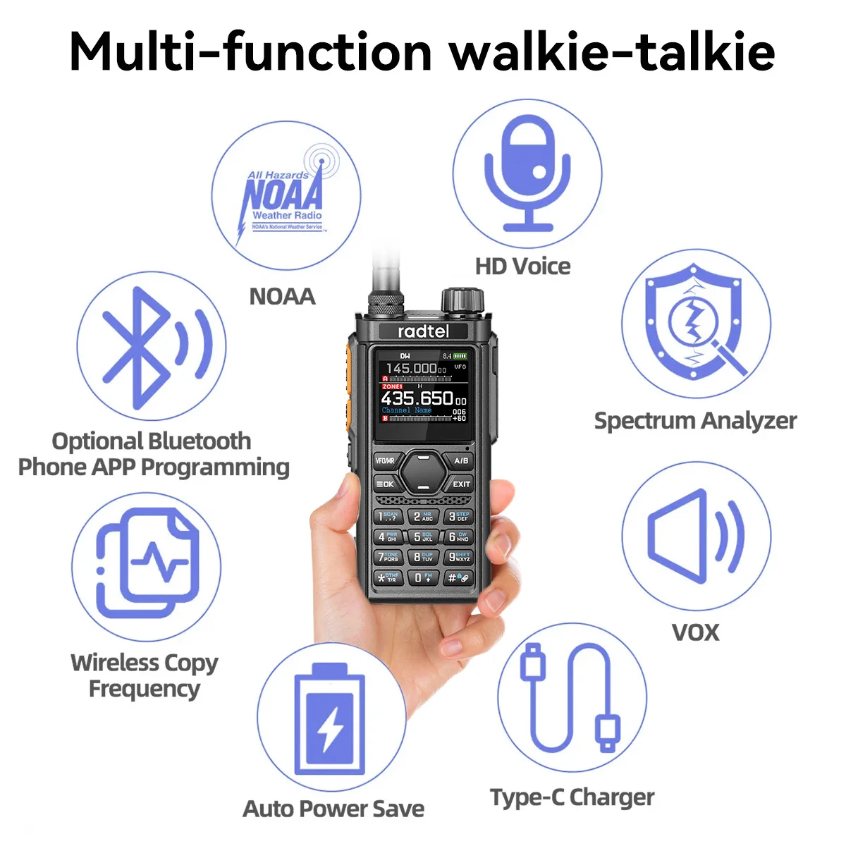 Radtel RT-910B Программирование приложения Bluetooth 5 Вт 6 м Рация 45–59 МГц TX/RX, 960 каналов, AM/FM, воздушный диапазон, спектр C-типа