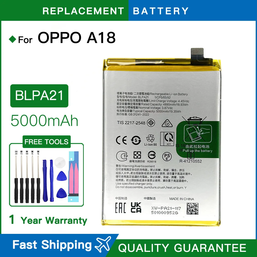 Brand New Replacement Battery BLPA21 5000mAh Li-Polymer for OPPO A18 Mobile Phone Batteries Batteria+Free Tools