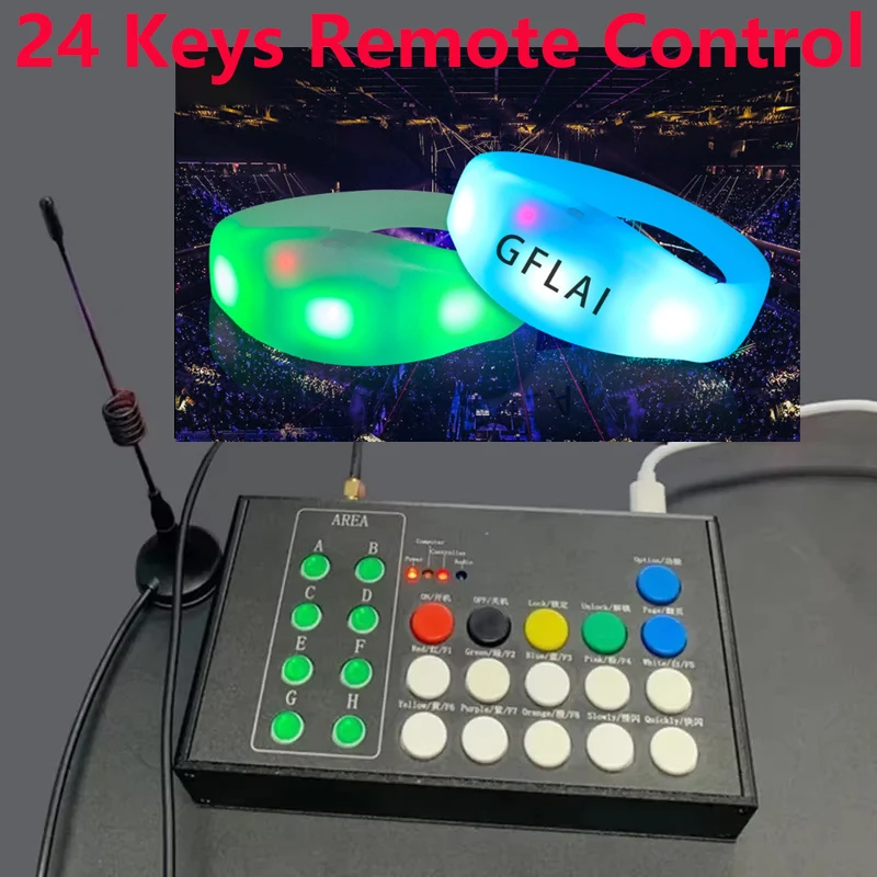 

Custom 100/500pcs LED Silicone TPU Bracelets With 24Keys 8 Area 400 Meters 433.92MHz Remote Control Wristbands for Party Wedding