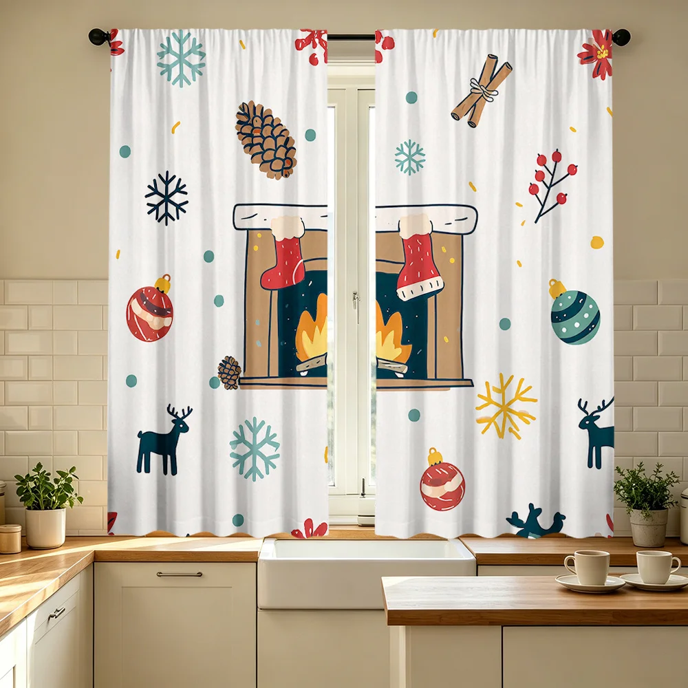 2PCS Christmas Winter Curtains, Cartoon Fireplace Stocking Reindeer, Digital Print, Bedroom Living Room, Rod Pocket, Home Decor