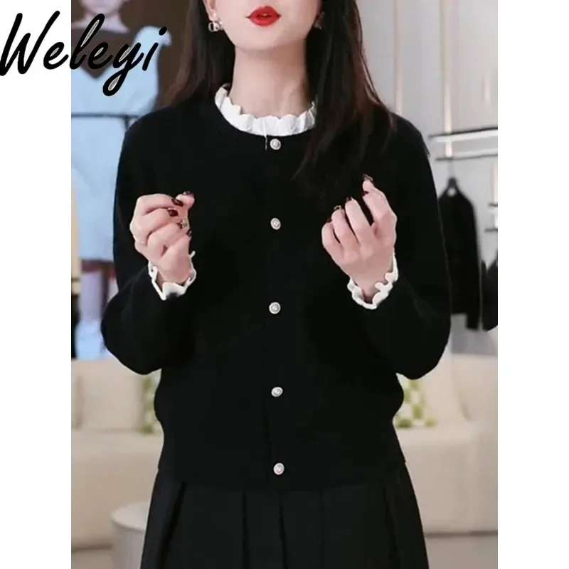 

Korean Kawaii Lace Stitching Knitted Cardigan Autumn Cute Long Sleeved Comfortable Casual Chic Foreign Fashion Sueters De Mujer