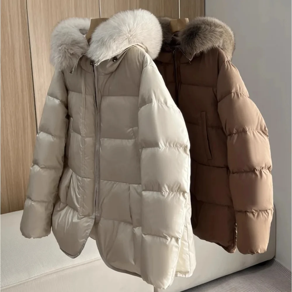 OFTBUY White Duck Down Coat Hooded 2024 New Fashion Winter Real Fur Fox Fur Collar Jacket Cape Puffer Coat Women Slim Short Warm