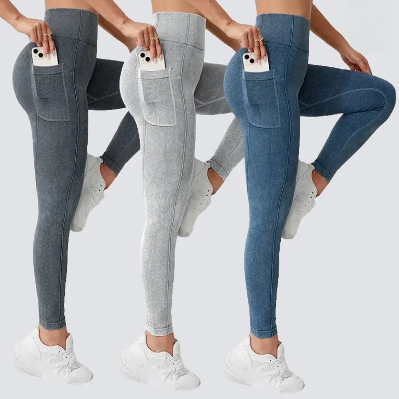

Acid Washed Yoga Leggings With Pocket Women Seamless Yoga Pants Gym Fitness Scrunch Butt Tights Sports Wear Workout Clothes