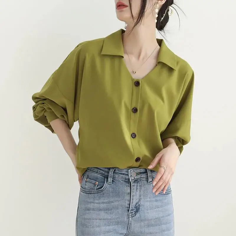 Satin Elegant Simple Street Green V Neck Long Sleeve Office Lady Commute Shirts Korean Fashion Casual Loose Tops Blouses Women