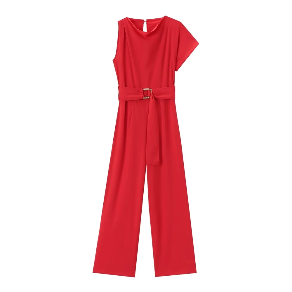 

PB&ZA Women's 2024 Summer New Casual Simple and Versatile Solid Color Asymmetric Design with Waist Belt jumpsuit