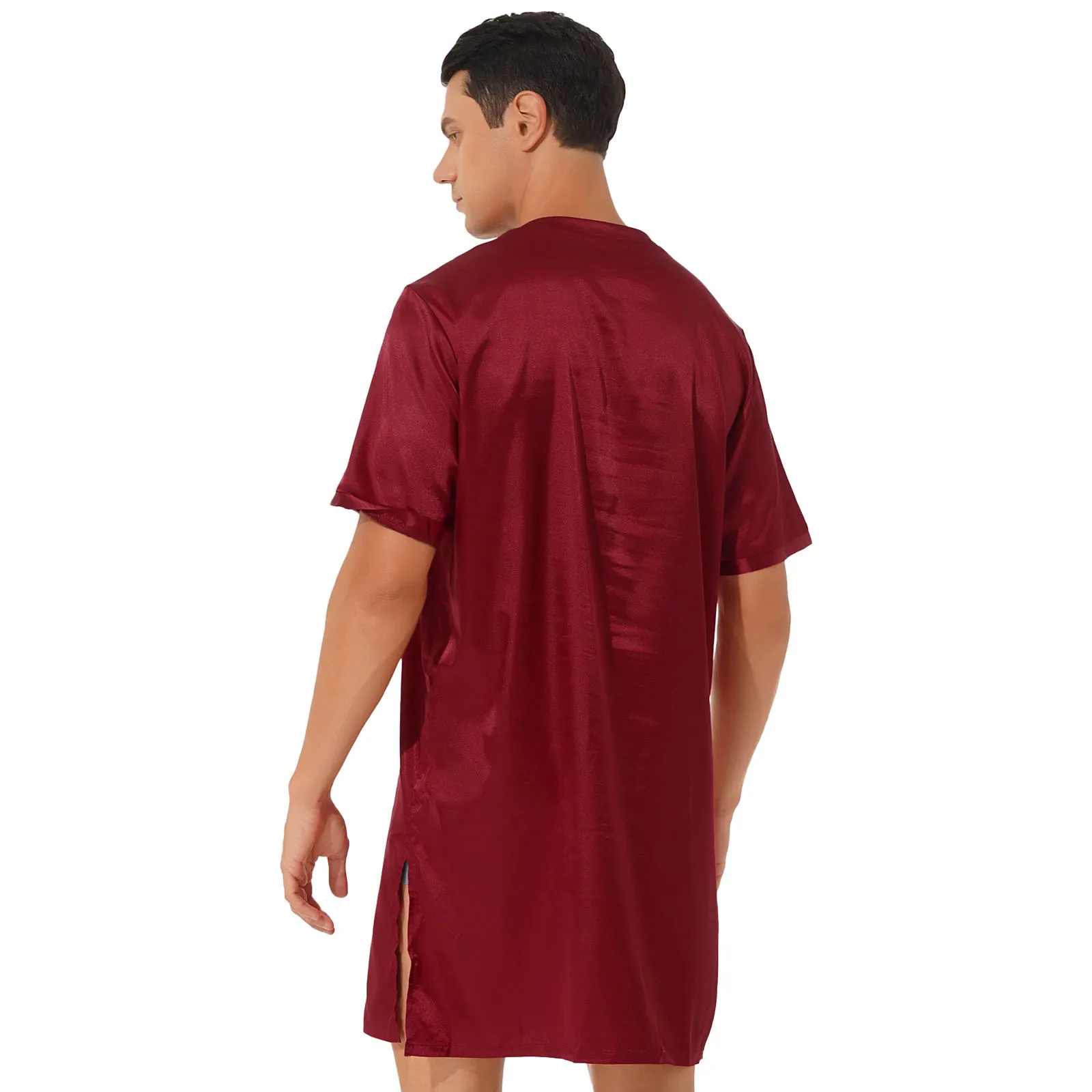 Mens Silky Satin Nightgown Sleepwear Solid Color Short Sleeve Sleep Shirts Nightdress Pajama Nightwear Homewear Loungewear