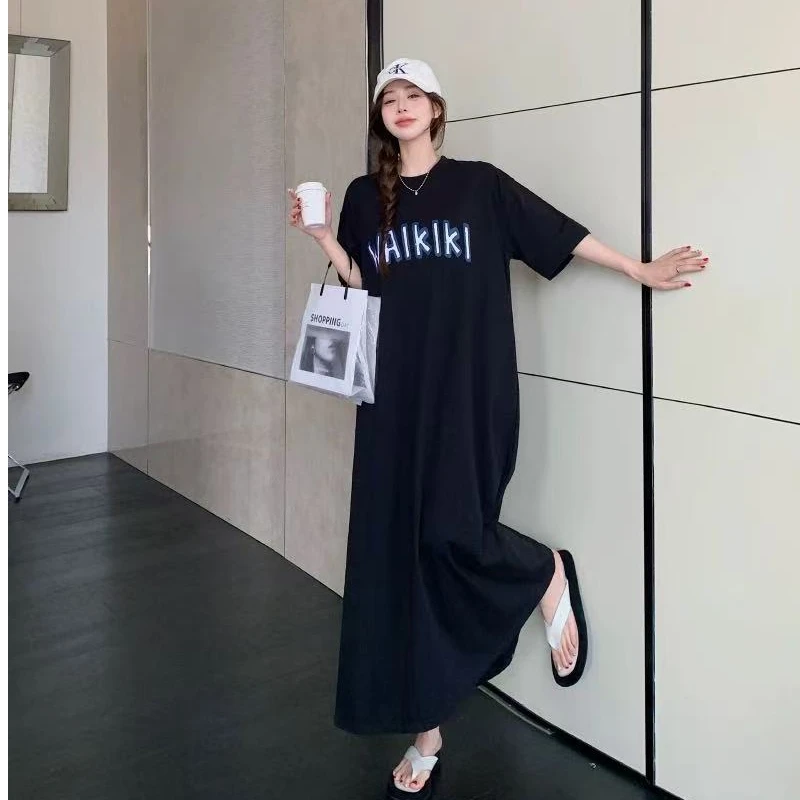 T-shirt ample mi-long ort-sav Dr coréen Sle h-ape Polyester vêtements d'extérieur d'été décontracté Faion jupe divisée