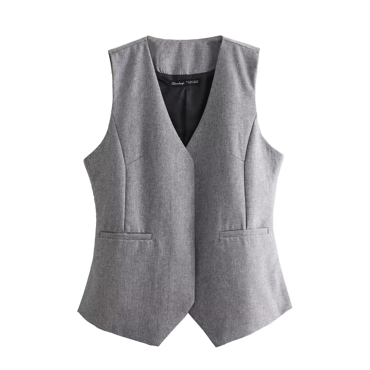 

TRAFZA Summer Women Fashion Vest Asymmetric V-Neck Dew Shoulder Chic Solid Color Pocket Decoration Tops Street Wear Vest Mujer