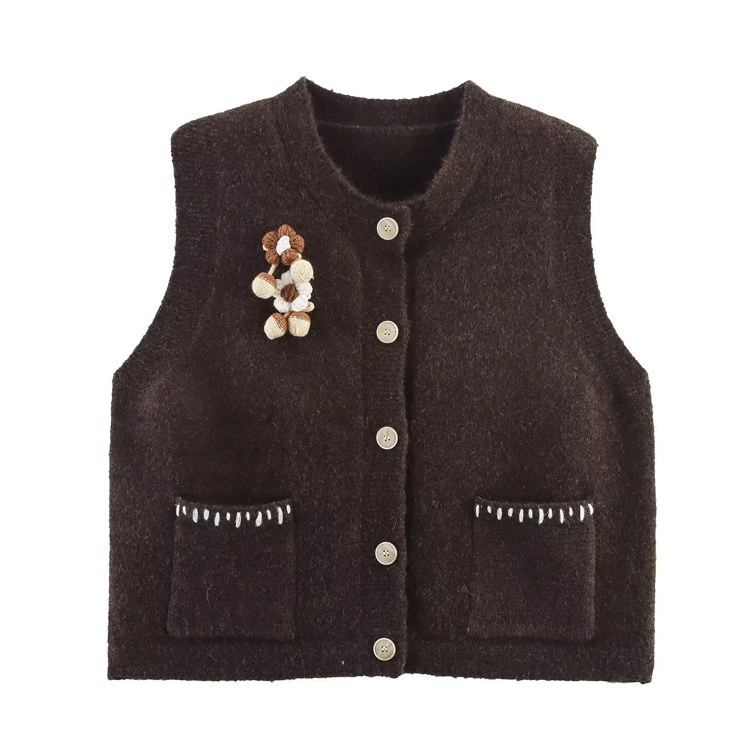 

Topenomi Fashion Flower Knitted Vest Women Round Neck Single Breasted Sleeveless Cardigan Autumn Winter Sweet Versatile Sweater