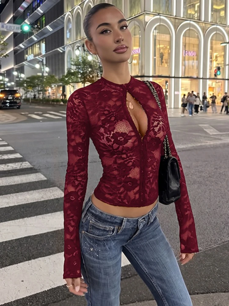 Woman Clothing Sexy Long Sleeve Lace T-shirt 2026 Autumn Covered Buttons Cardigan Tops Night Club Outfit Ladies See-through Tees
