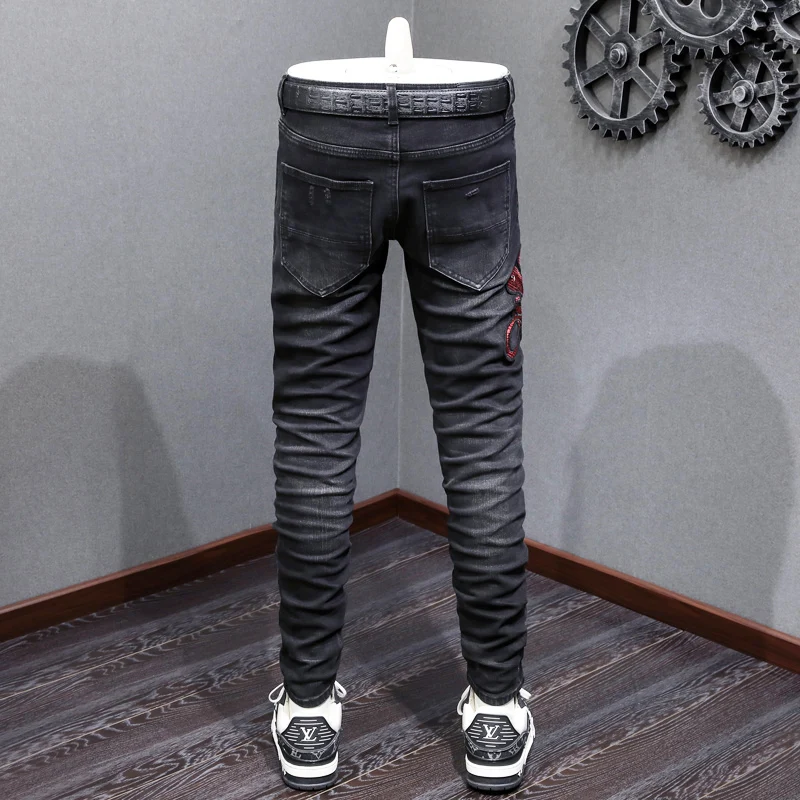 High Street Fashion Men Jeans Retro Black Gray Stretch Skinny Fit Ripped Jeans Men Embroidery Designer Hip Hop Brand Denim Pants