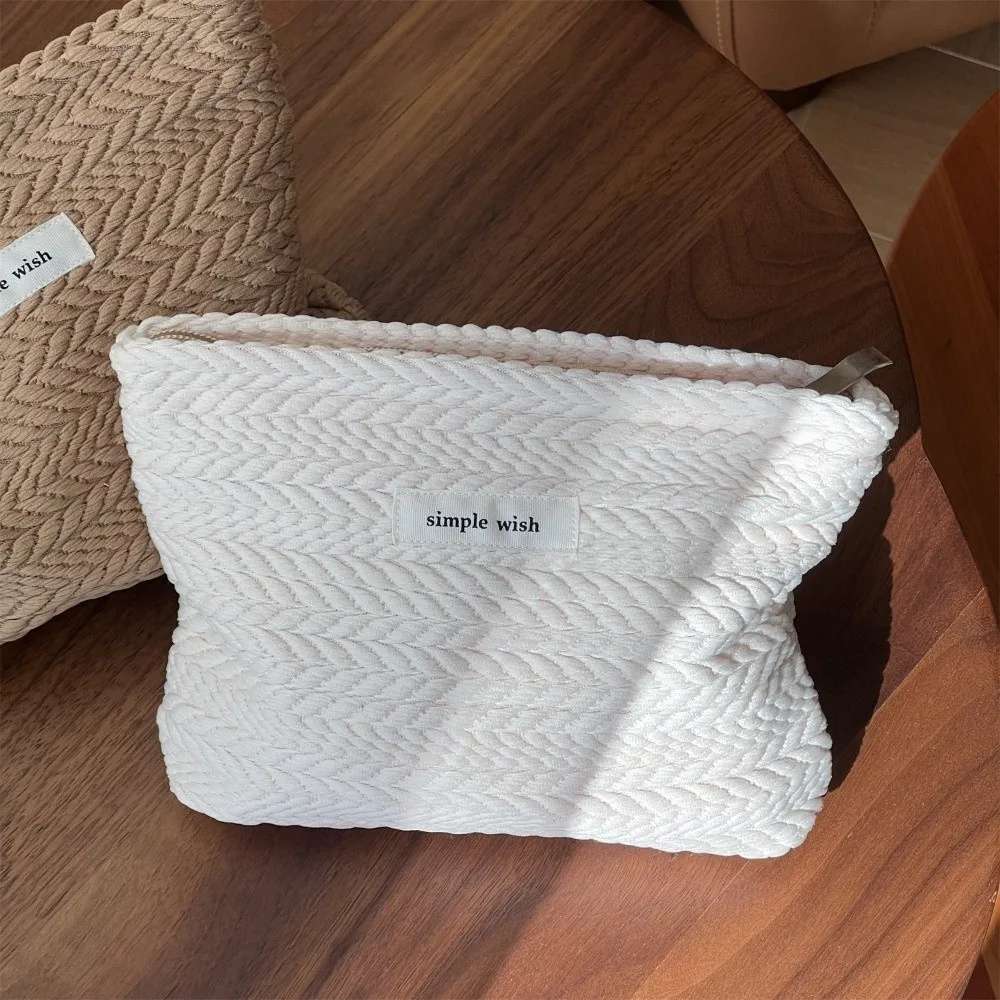 Portable Zipper Cosmetic Bags Solid Color Woven Fabric Storage Pouch Beige Coffee Small Organizer Travel