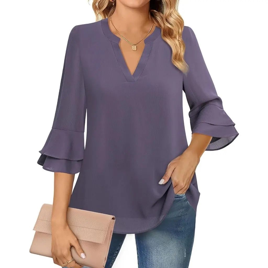 

Women's Casual Fashion Top Double Layer Chiffon V-Neck Bell Sleeve T-Shirt Crop Solid Color Waist Design Cross Border