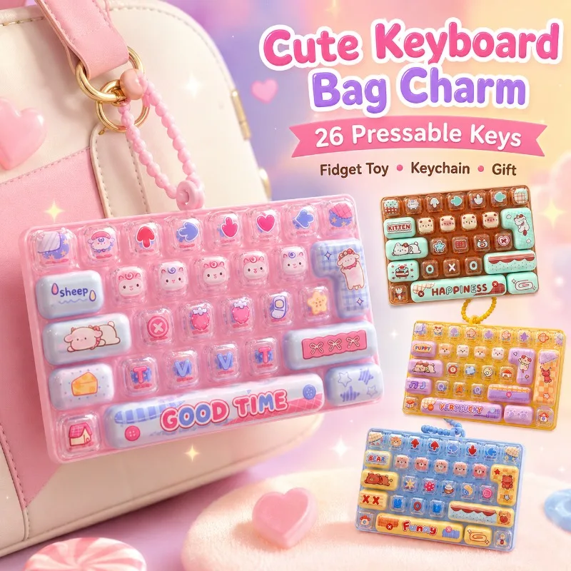 Cute 26-Key Keyboard Fidget Toy Keychain, Pressable Cartoon Sensory Toy, Bag Charm Backpack Pendant Birthday Gift