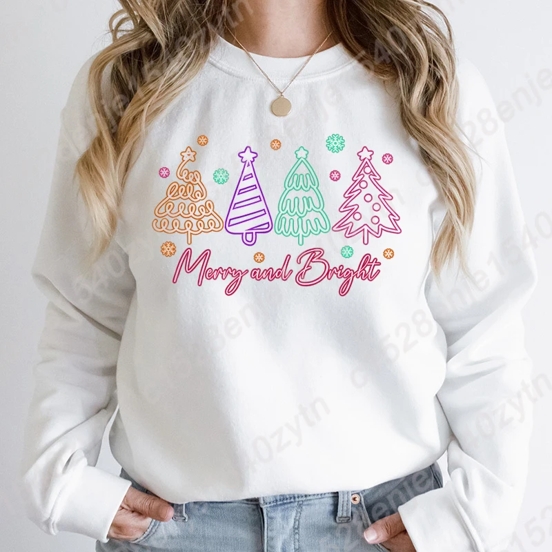 

Autumn Winter Women Fashion Tops Christmas Tree Merry And Bright Print O Neck Hoodeless Pullovers Casual Solid Color Sweatshirts