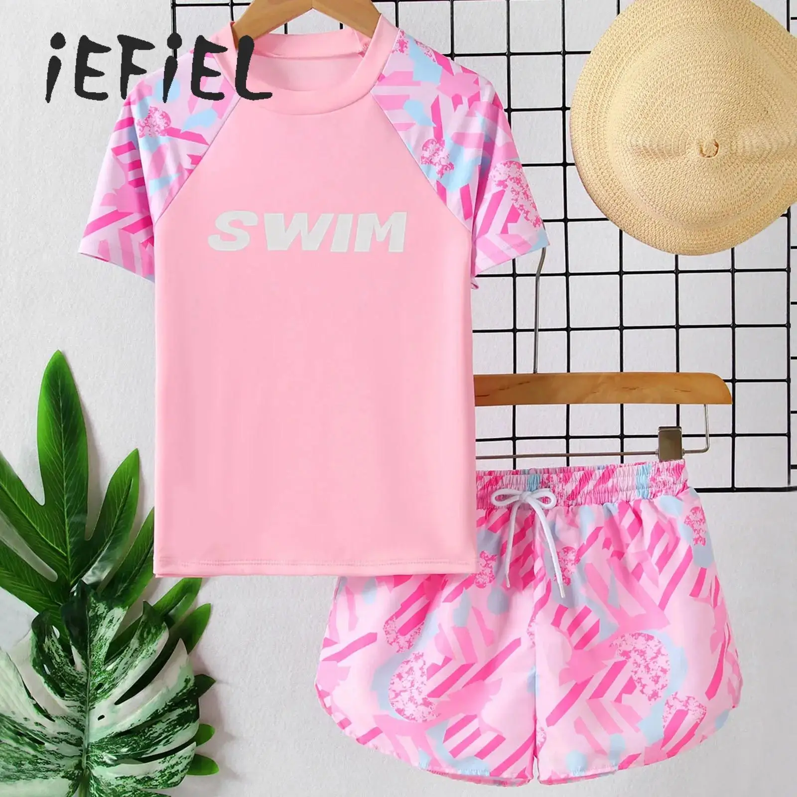 

Kids Girls Swimwear Print Swimming Shirt and Shorts Bath Set Two Piece Rash Guard Surfing Sun Protection Tankini Beach Suit Pink