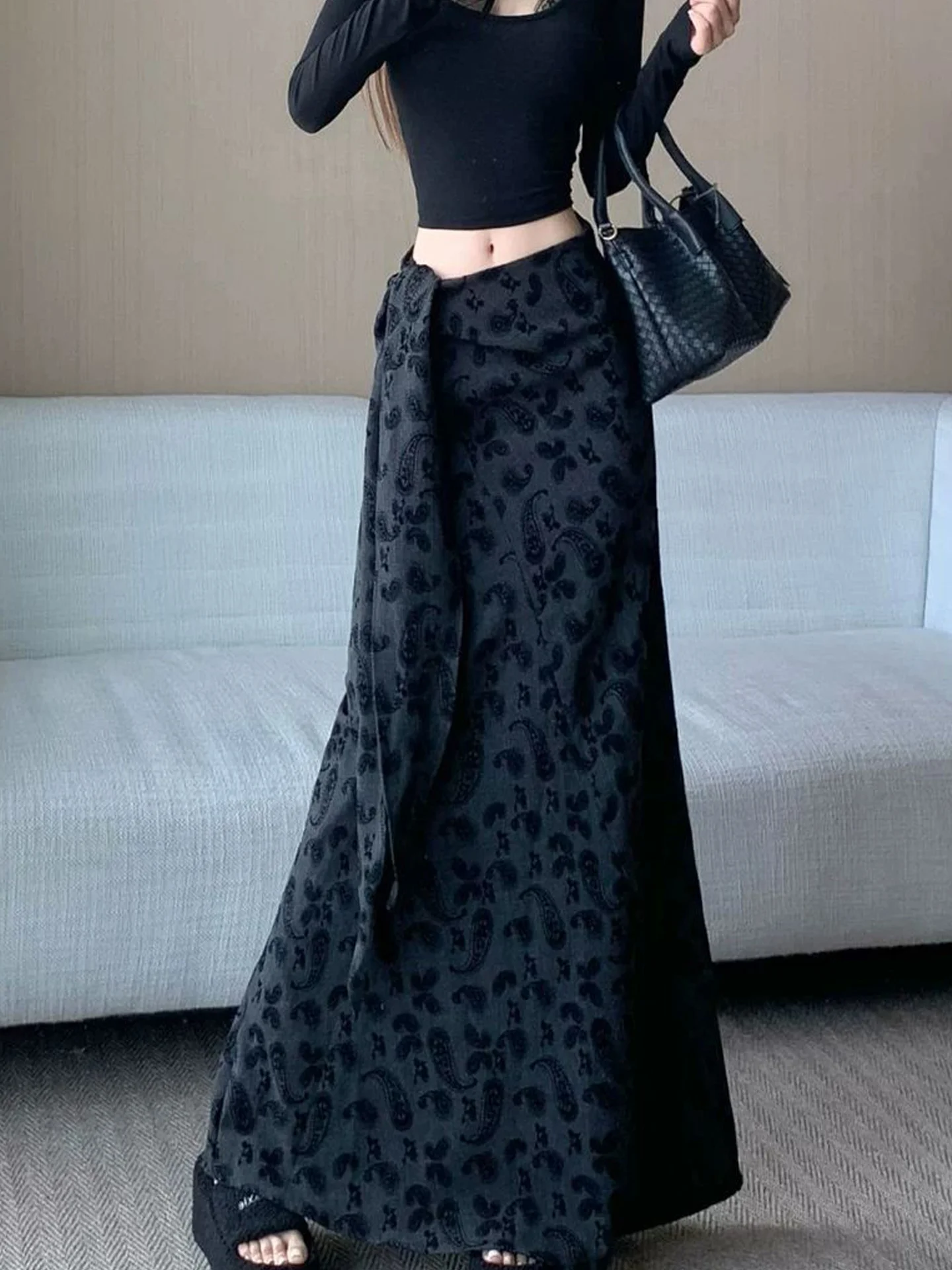 

Retro Floing Print Asymmetrical Hem Skirt Women's Spring Design High Waist Drapey A-Line Wrap Fi Tail Long Skirt