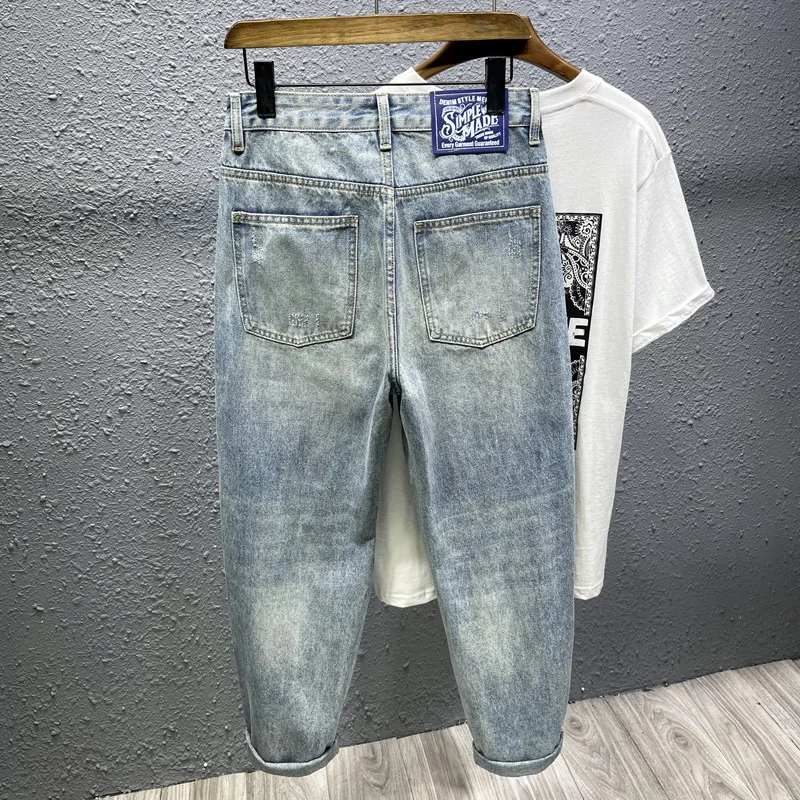 

2024 New Ripped Trendy Cropped Pants Men's Spring and Summer Street Tide Brand Washed-out Vintage Distressed Blue Jeans