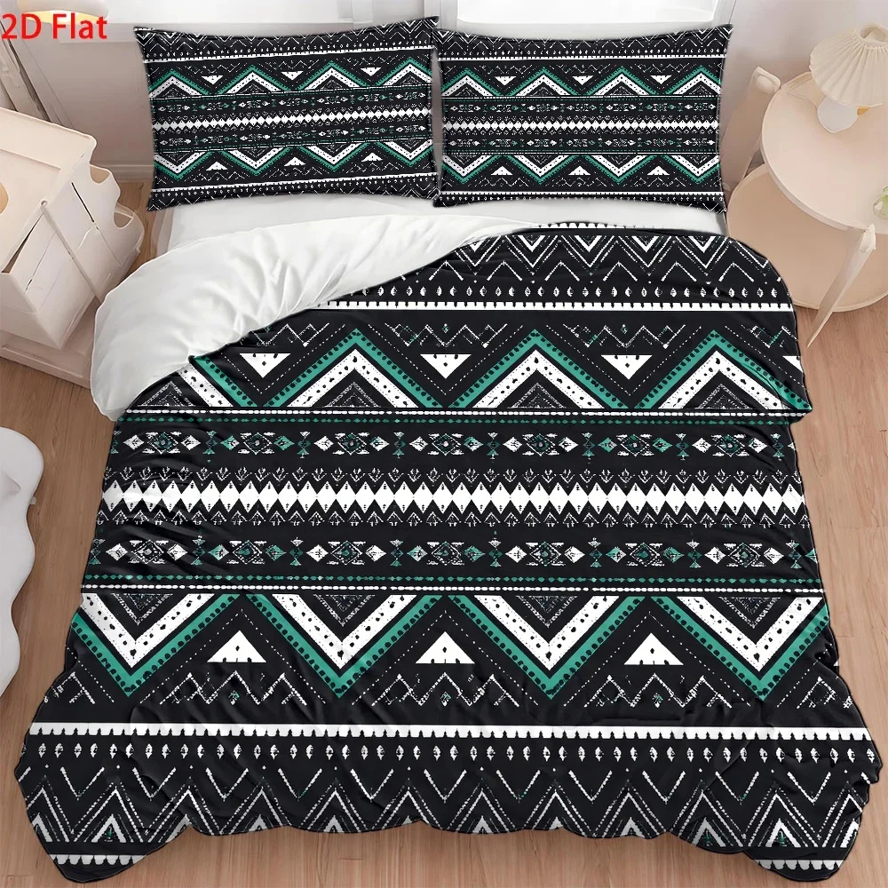 3Pc Ethnic Style Geometric Pattern Quilt Cover Set (1*Quilt Cover + 2*Pillowcases), Three-Piece Bedding Set Suitable for All Seasons, Machine Washable, Large Quilt Cover Set with Invisible Zipper, Home Dormitory Master Bedroom Guest Room Personal Bed Cover, Bohemian Style Geometric Print Bedding Set, Black, White, and Green Color-Blocking Ethnic Style Three-Piece Bedding Set, Durable and Easy-To-Wash Ethnic Style Quilt Cover Set, Hot-Selling Geometric Pattern Bed Cover Set, Retro Ethnic Style Home Bedding