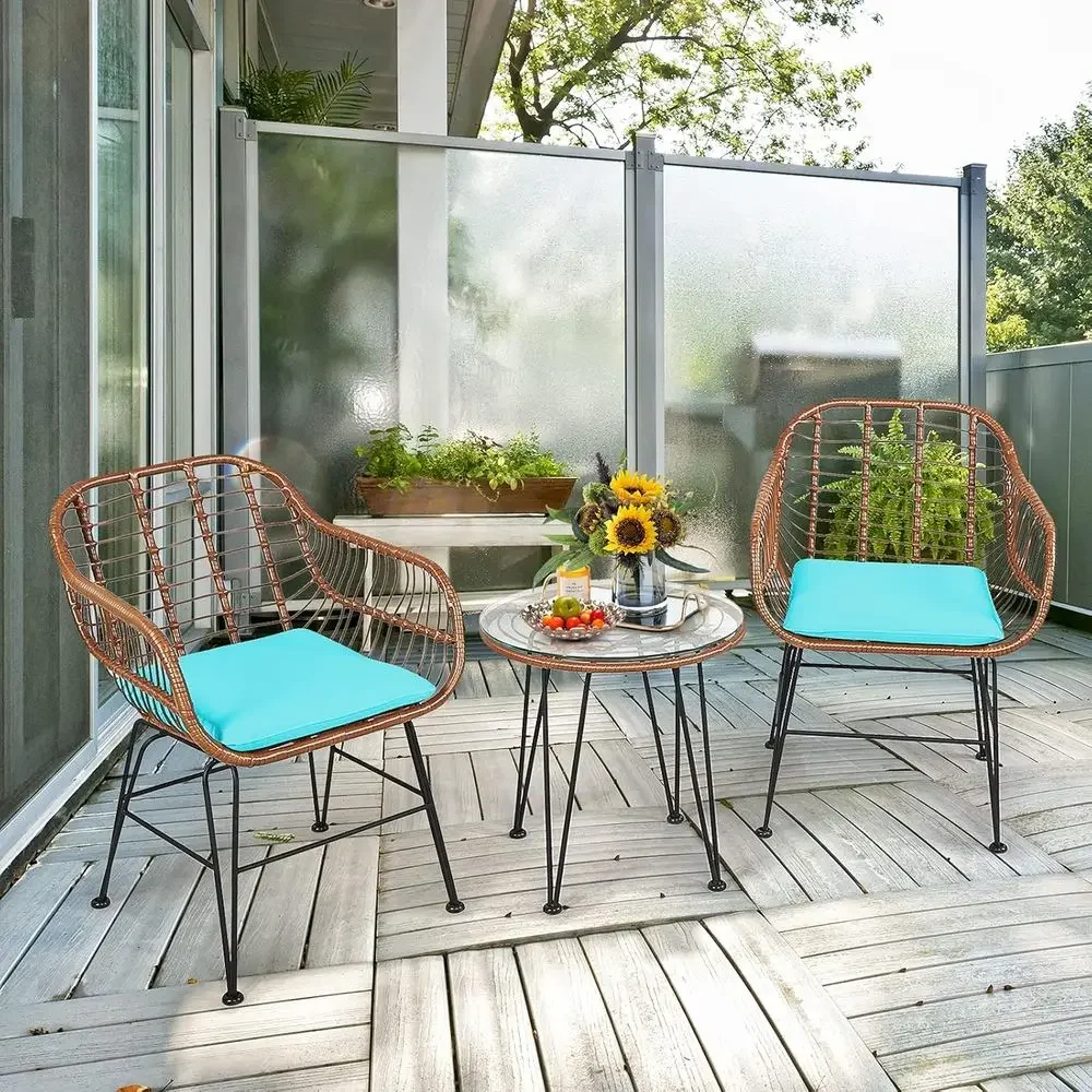 3-Piece Outdoor Bistro Set with Wicker Furniture, Tempered Glass Table and Cushioned Armchairs