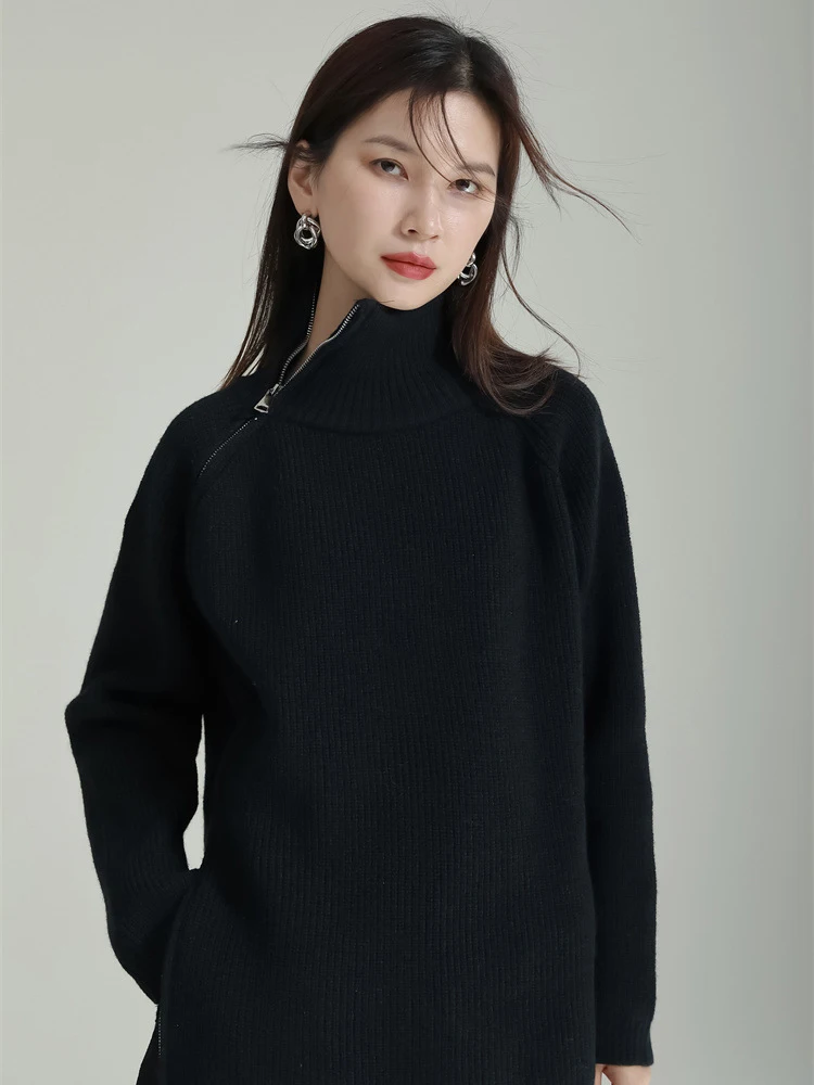 [EAM] Gray Zipper Big Size Knitting Sweater Turtleneck Long Sleeve Women Pullovers New Fashion Tide Spring Autumn 2024 1DH8179