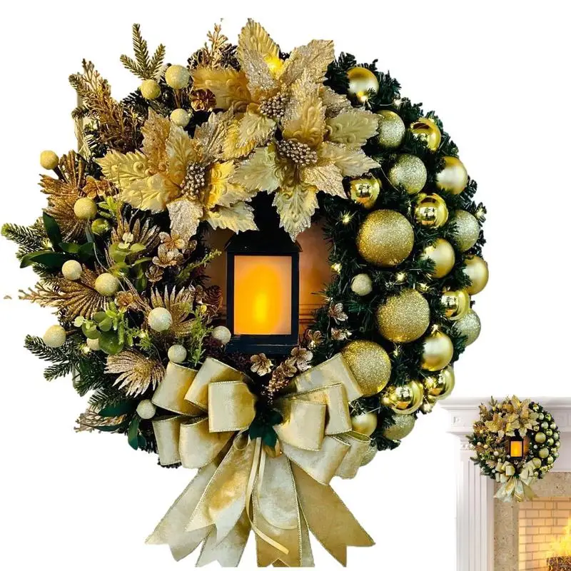 LED Lamp Christmas Wreath Front Door Garland With Large Bow Rattan Holly Weaving Wreath For Bedroom Front Door Wall Garden Decor