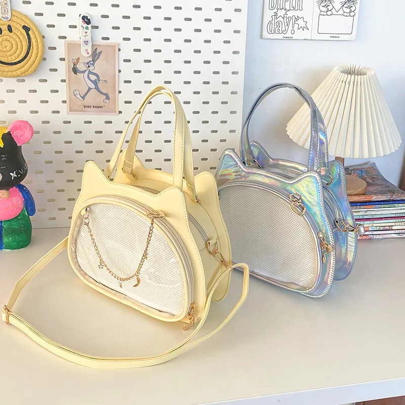 

New Y2k Korean Kawaii Cat Ita Bag Cute Pu Shoulder Bags Girls Transparent Pocket Harajuku Crossbody Bag Women's Fashion Handbag