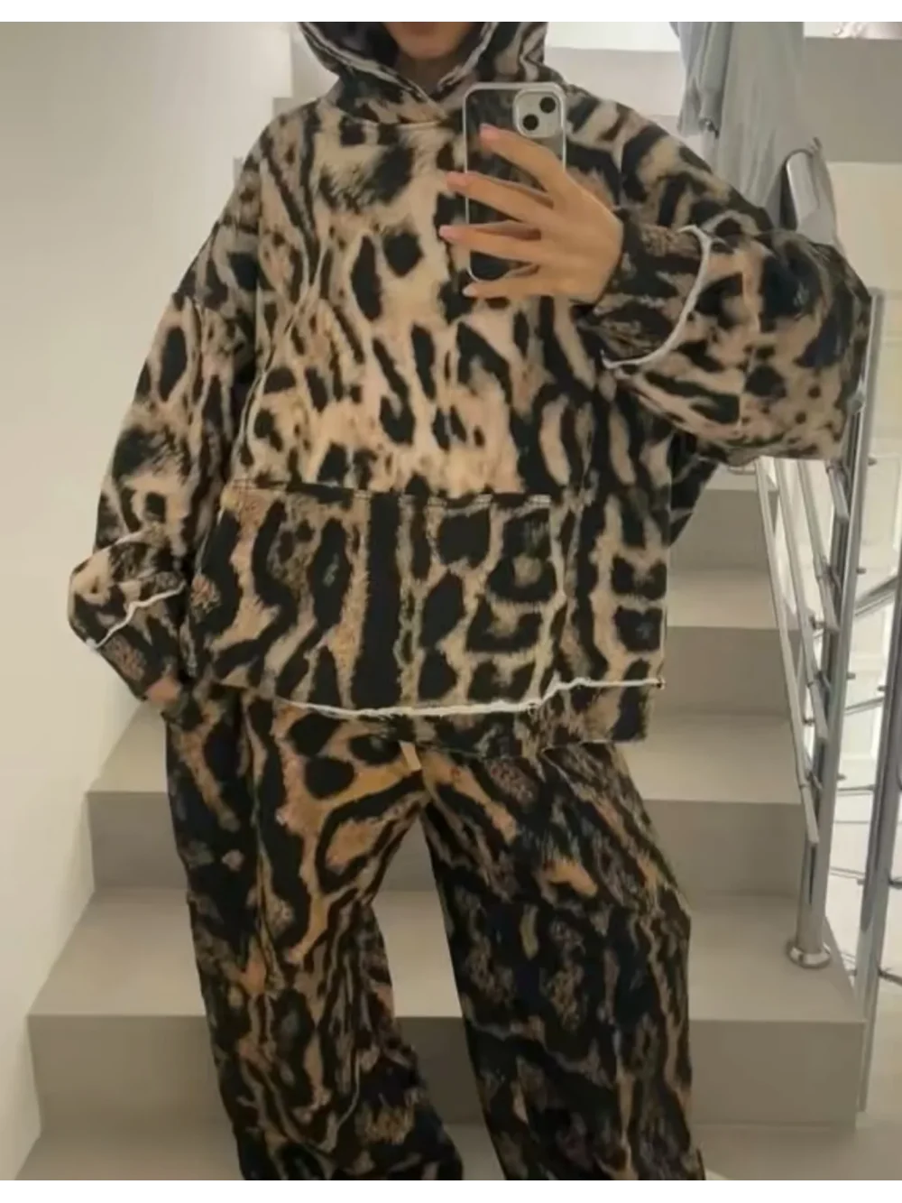 

2026 new autumn and winter mixed color zebra print hooded sweatshirt and pants casual sports suit punk street trend niche ins