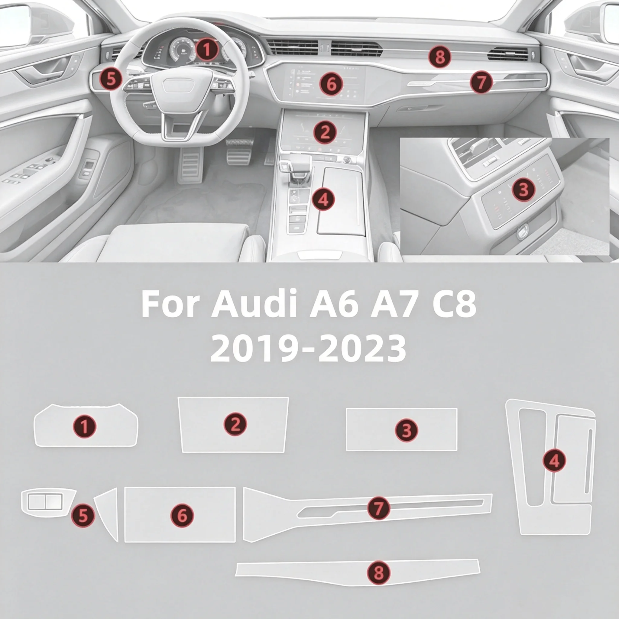 For Audi A6 C8 A7 2019-2023 Center Interior TPU Transparent Protective Film Car Gearbox Panel Dashboard PPF Anti-Scratch Film