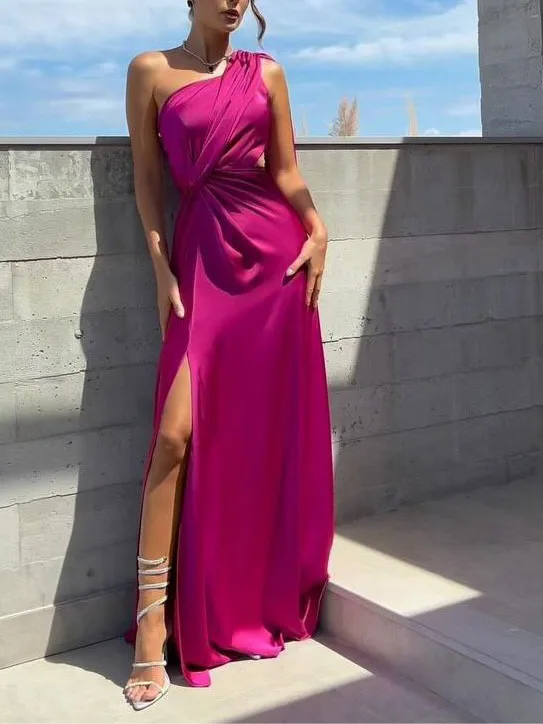 Sexy nouveau femmes simple épaule plissée fendue Satin Dr Ele minceur Midi Dr taille moyenne a-ligne jupe été 2025