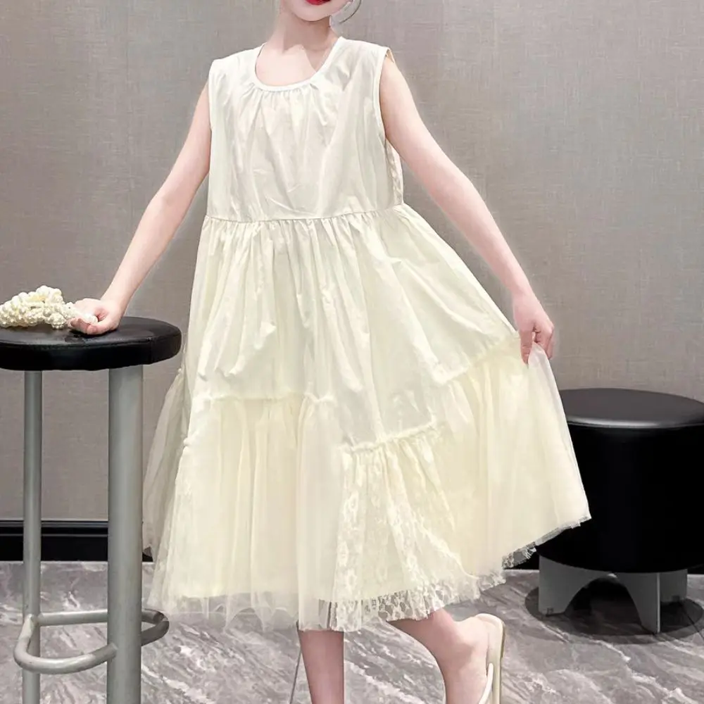 

Elegant Loose Girls Sleeveless Dress Lace Mesh Teenagers Summer Kids Dresses Sweet Pleated Children Princess Dress Beach