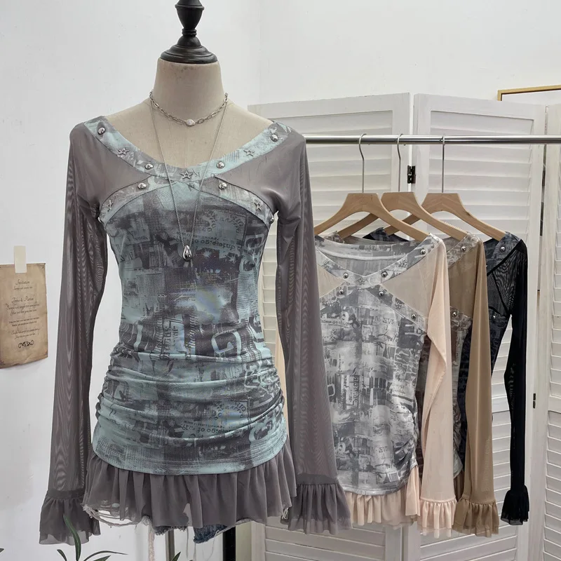 

Women's Chic Punk Thin Mesh Splicing Top Printed Vingate Rivet Stretch Y2K Long-sleeved Top Casual Partyclub Streetwear 1310