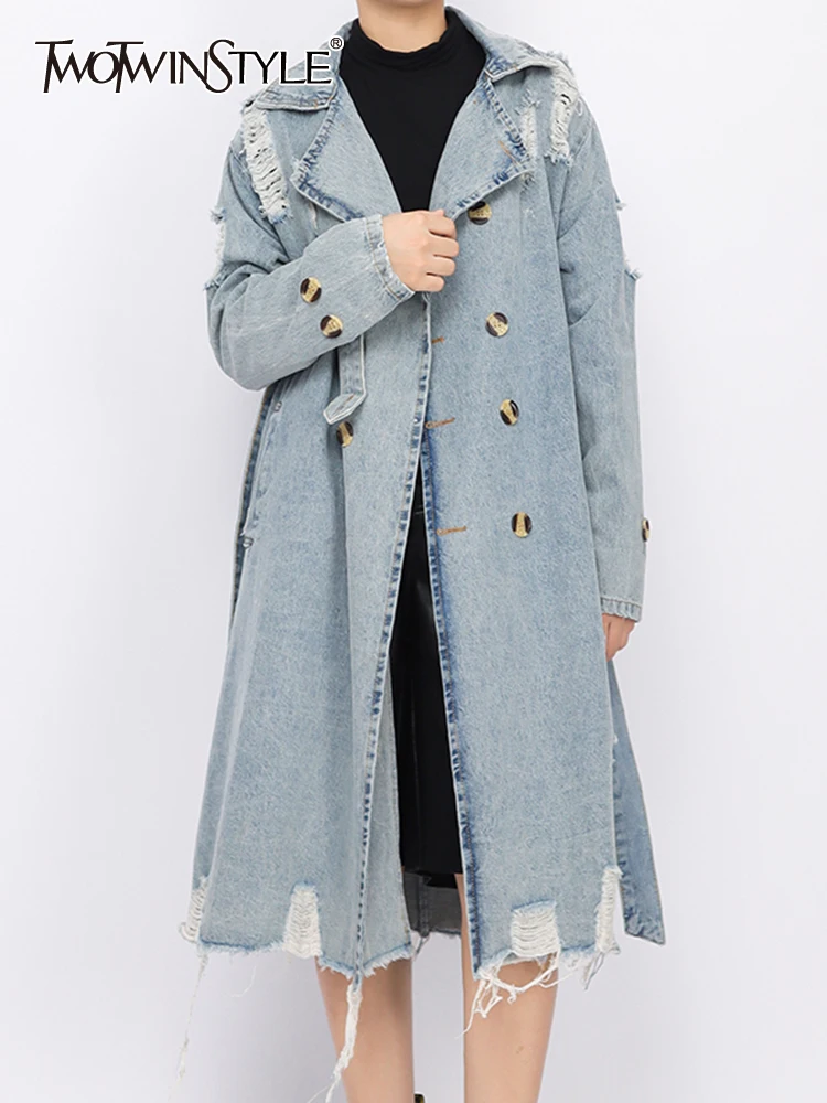 TWOTWINSTYLE Hole Hollow Out Denim Trench Coat For Women Lapel Long Sleeve Double Breasted Solid Coats Female Clothing 2022 New