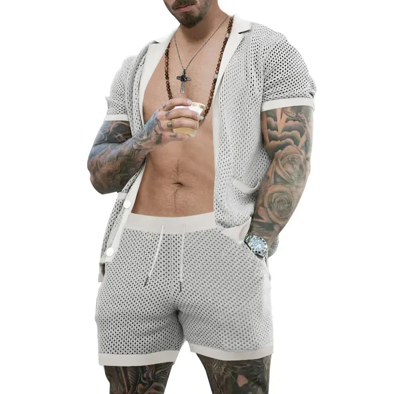 2024 Summer New Men's Hollow Perspective Ice Cool Casual Thin Outwear Men's Short Sleeved Shorts Set