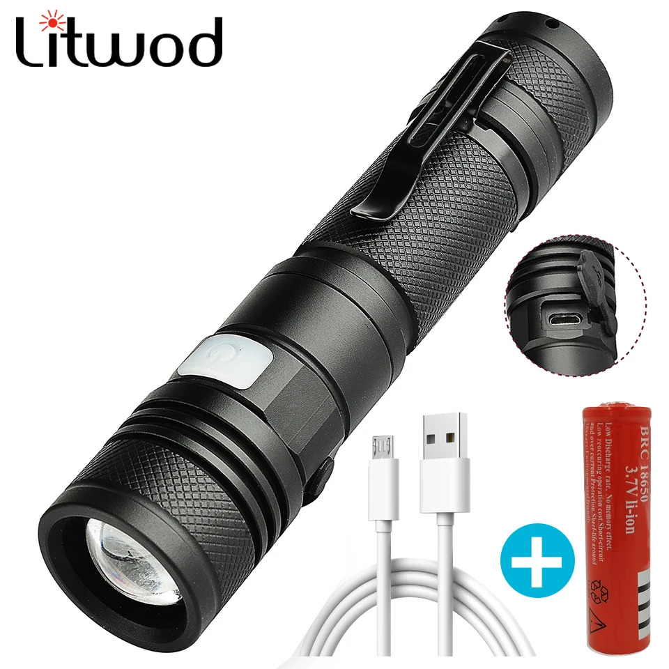 Led Flashlight USB Rechargeable XM-L2 U3 Torch Adjustable Zoomable Focus 3 Switch Modes Waterproof