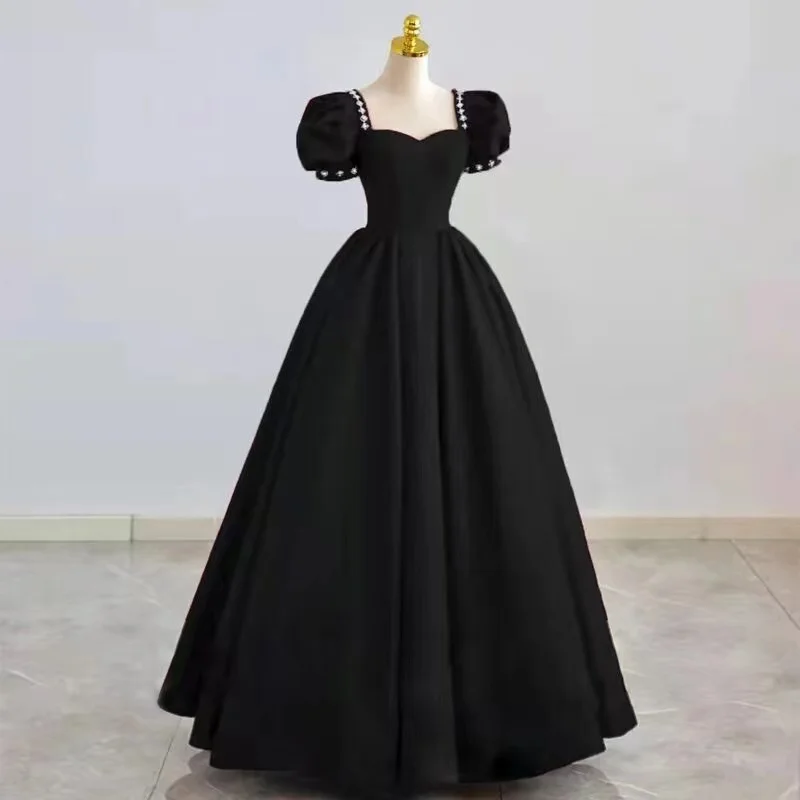 

Vintage Black Satin Prom Dress French Style Strapless Puff Sleeve Square Collar A-Line Simple Wedding Party Formal Evening Gowns