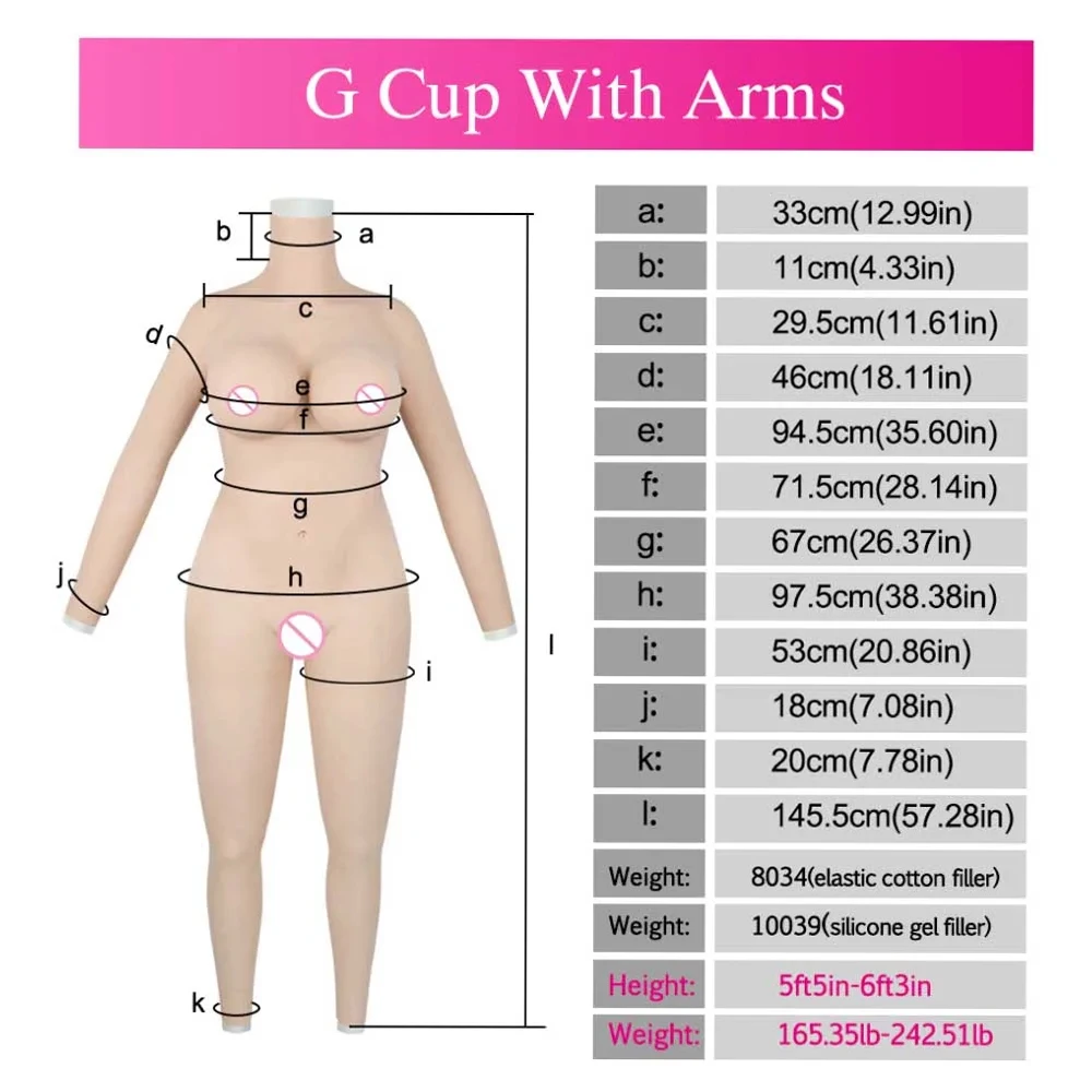 Crossdressing Male to Female Silicone Bodysuit G Cup Breast Forms with Arms Fake Vagina for Crossdresser Cosplay Costumes