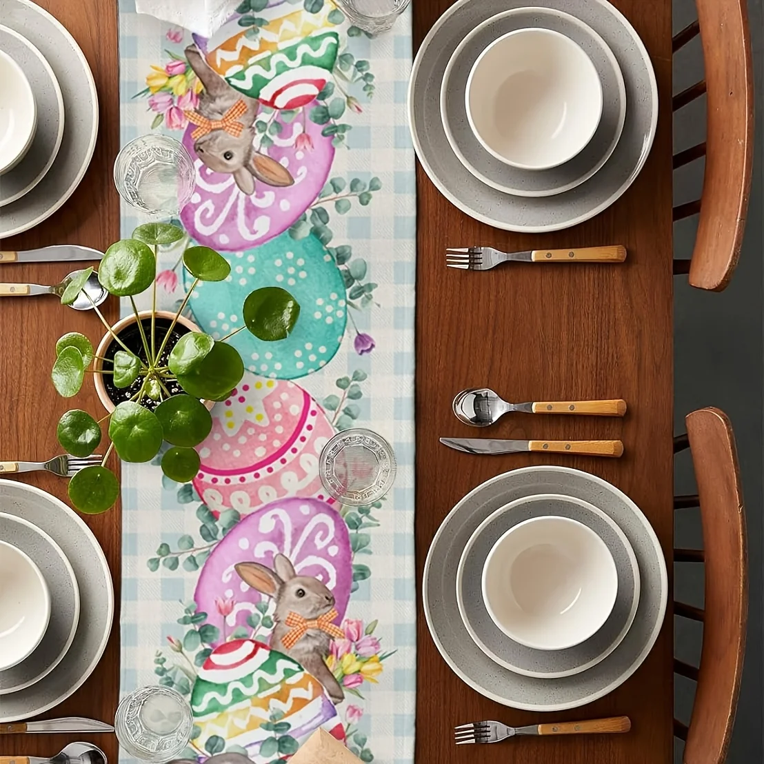 1pc Easter Bunny & Egg Table Runner Linen 2D Print - Watercolor Plaid Border Table Runner, Perfect for Kitchen Dining Room Decor
