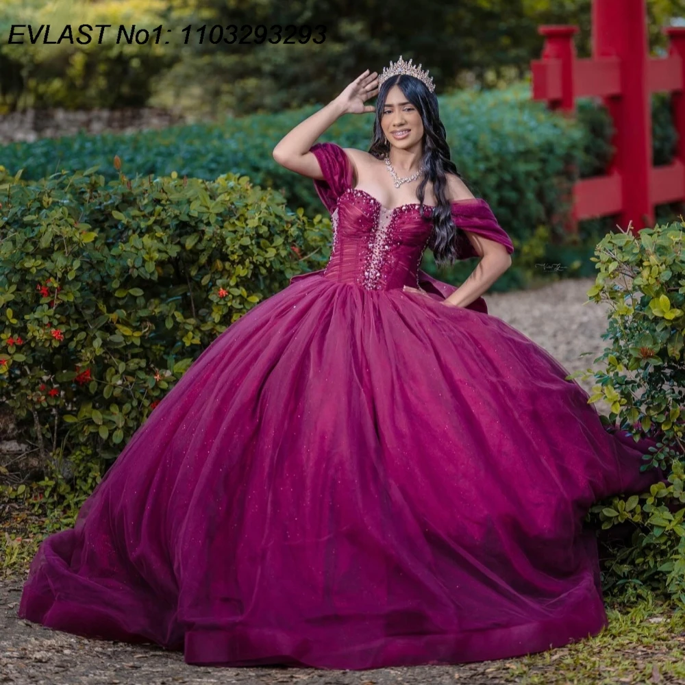 EVLAST Aangepaste Glitter Donkerroze Baljurk Quinceanera Jurk Kant Applique Kralen Strik Sweet 16 Vestidos De 15 Anos E1QN235