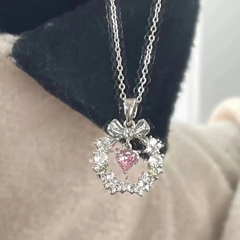 Punk Pink Love Heart Bow Crystal Necklaces For Women Goth Vintage Fashion Light Luxury Charm Choker Flower Necklace Jewelry image 4