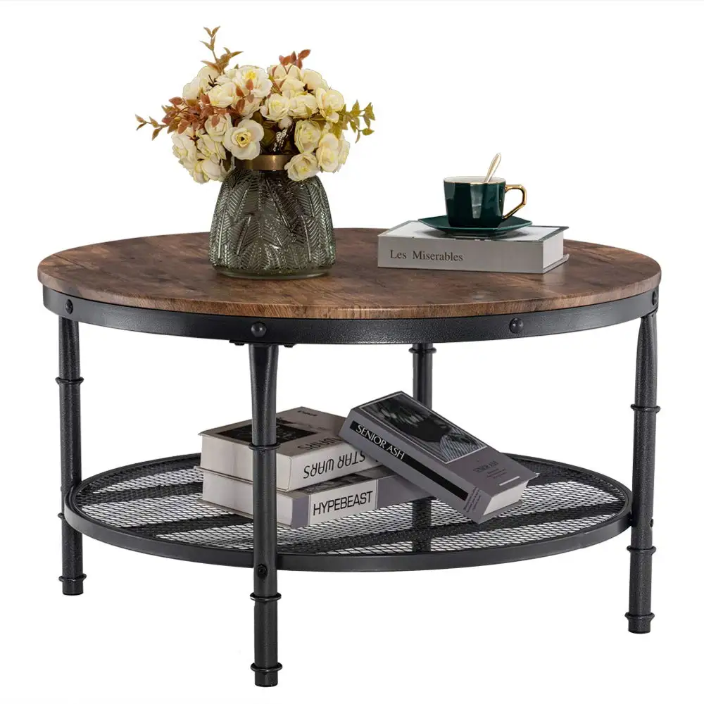 

Round Coffee Table with Storage - 31.5" Rustic Farmhouse Design, Industrial Style with Metal Shelf