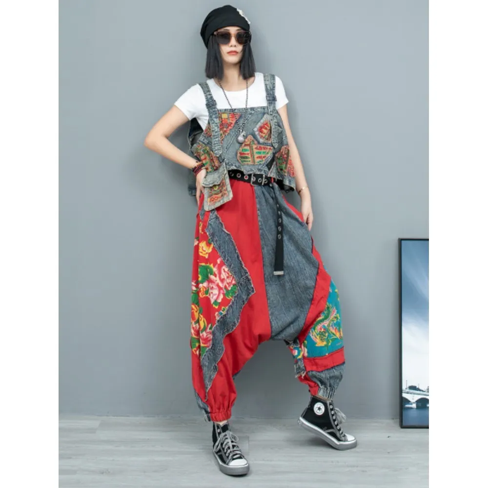 

Chinese Style Printed Patchwork Denim Vest + Contrasting Color Hanging Crotch Pants Two-piece Set Women 2024 Early Autumn LX1791