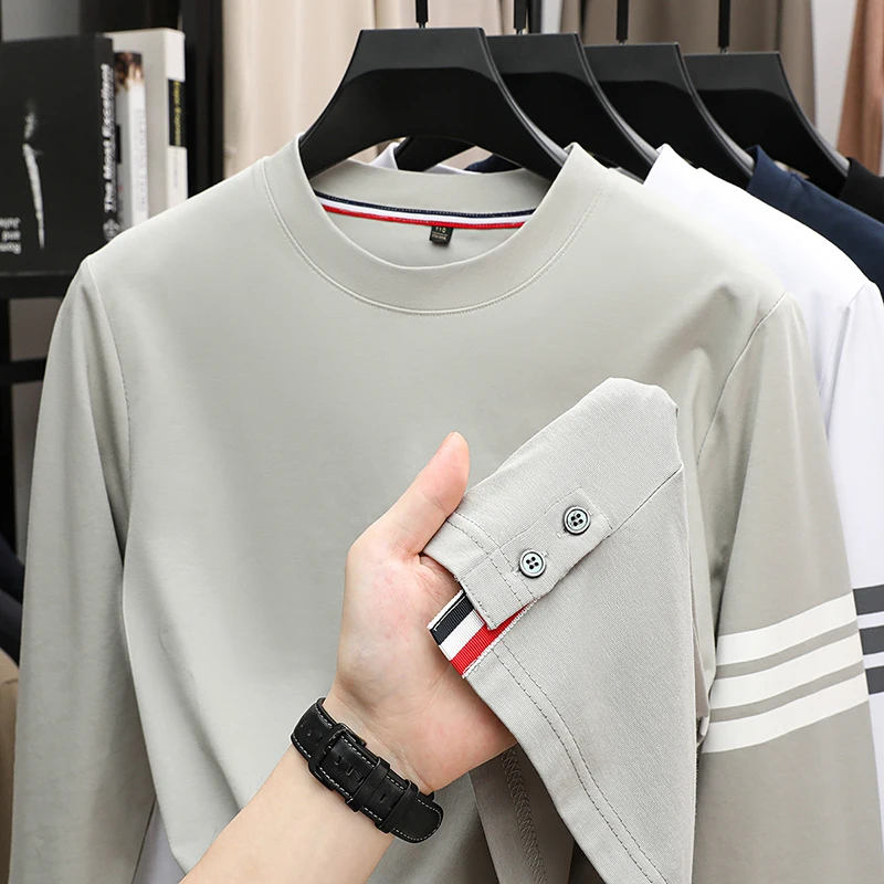 Original Design Herren Langarm-T-Shirt Rundhals Gestreift Feuchtigkeitsableitend Atmungsaktiv Herbst Neu T-Shirt Mode Herrenbekleidung – Detail 2